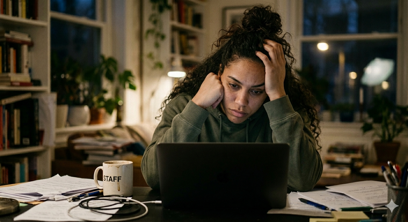A woman sitting at a desk with her hands in her hair, looking overwhelmed and exhausted in front of a laptop late at night