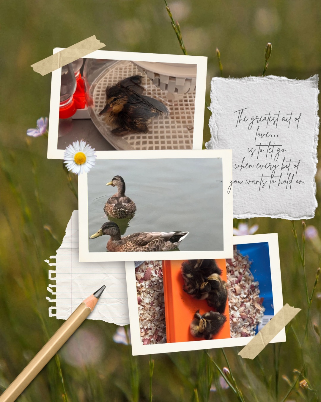 A photo collage of the family's mallard ducks: a newly hatched duckling in an incubator, two ducklings nestled in a brooder, and two adult mallards on a pond, beside a handwritten note reading 'The greatest act of love is to let go, when every bit of you wants to hold on.'