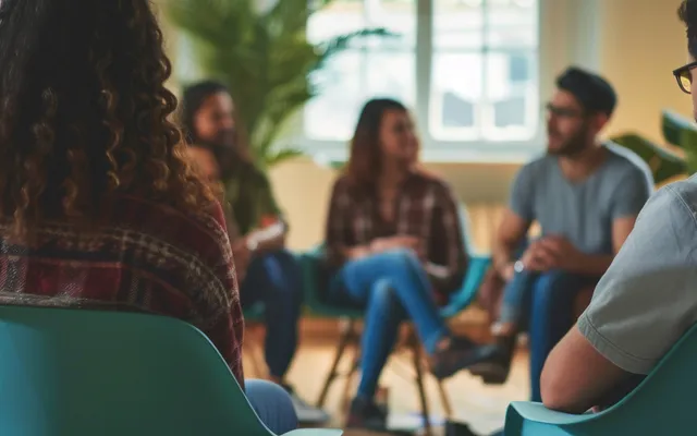 Group therapy session with participants in supportive discussion